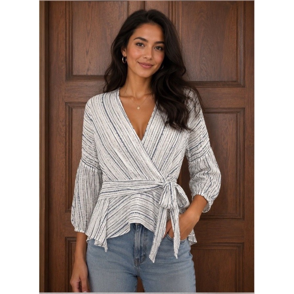 Bailey 44 Women V-Neck Ruffle Sheer Long-Sleeve Wrap Blouse Top Size 4